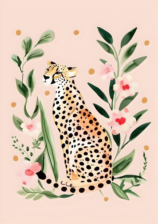 Watercolor Cheetah Amidst Floral Accents