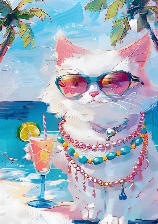 Cool Cat Enjoys Tropical Vacation with Cocktail