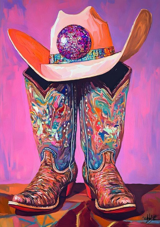 Vibrant Cowboy Boots and Hat with Disco Ball