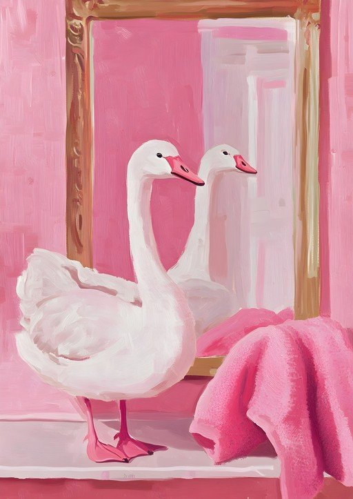 Pink Swan Reflection in Ornate Mirror