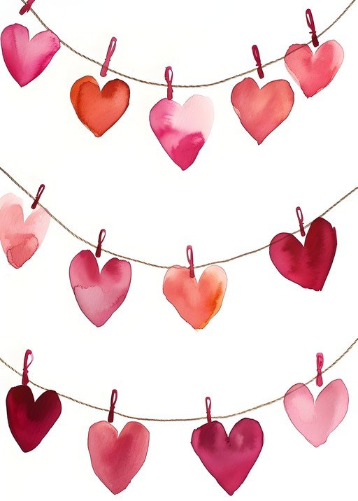 Watercolor Hearts Garland on White Background