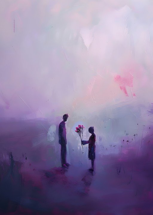 Couple Exchanging Flowers in Dreamy Landscape