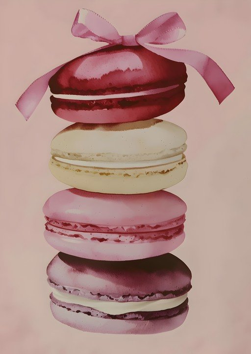 Stack of Four Watercolor Macarons with Pink Ribbon