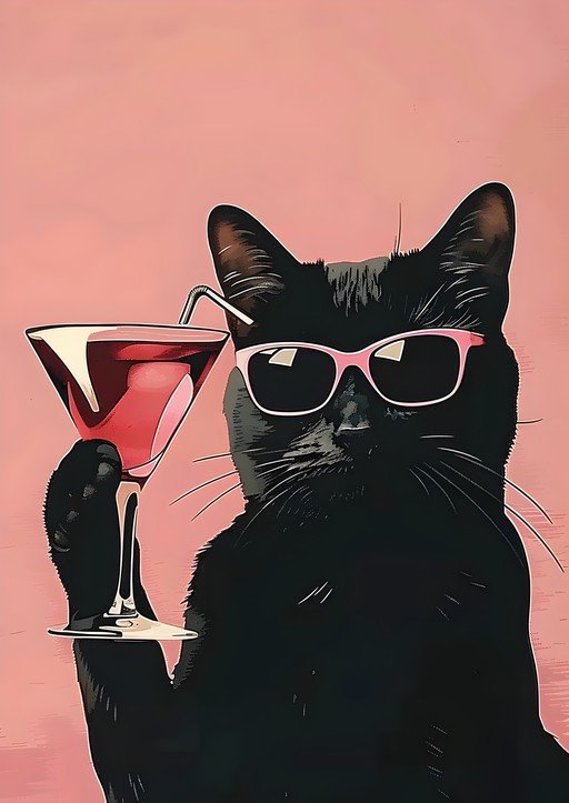 Cool Black Cat with Martini and Sunglasses