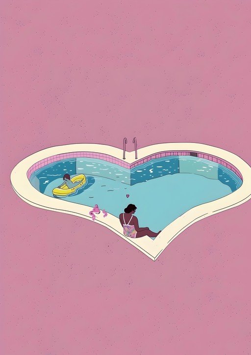 Heart-Shaped Pool with People and Inflatable