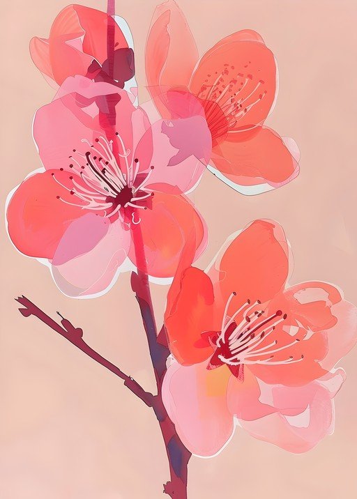 Abstract Pink and Coral Cherry Blossoms