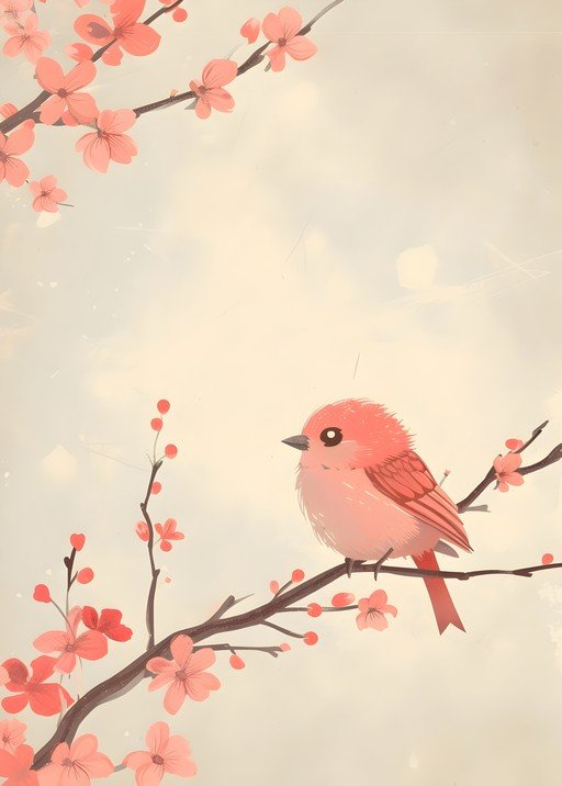 Pink Bird on Cherry Blossom Branch