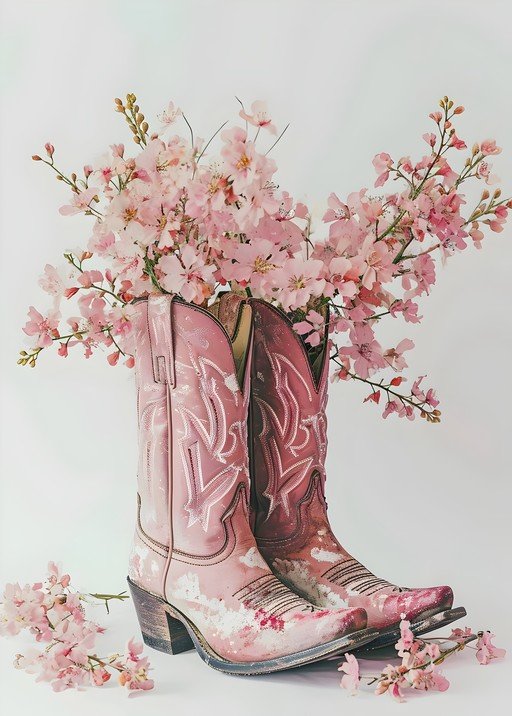 Pink Cowboy Boots with Cherry Blossoms