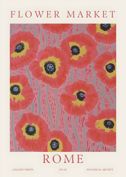 Vintage Flower Market Poster with Poppies in Rome