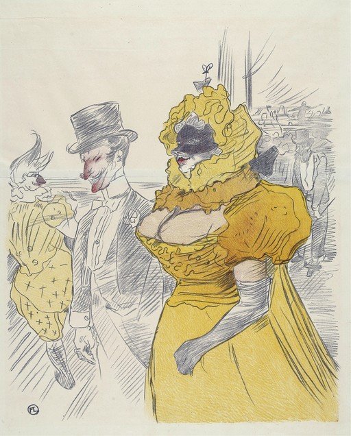 Clowns and a Woman in a Yellow Dress at a Masquerade