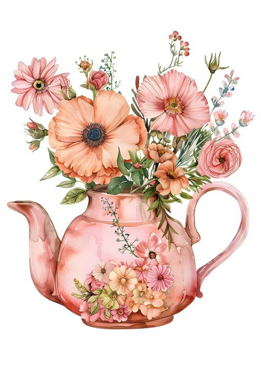 Watercolor Teapot with Pink and Orange Floral Arrangement