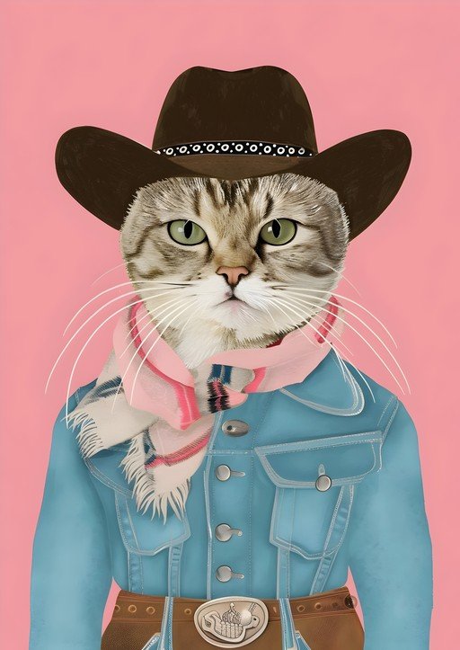 Cat in Cowboy Hat and Denim Jacket