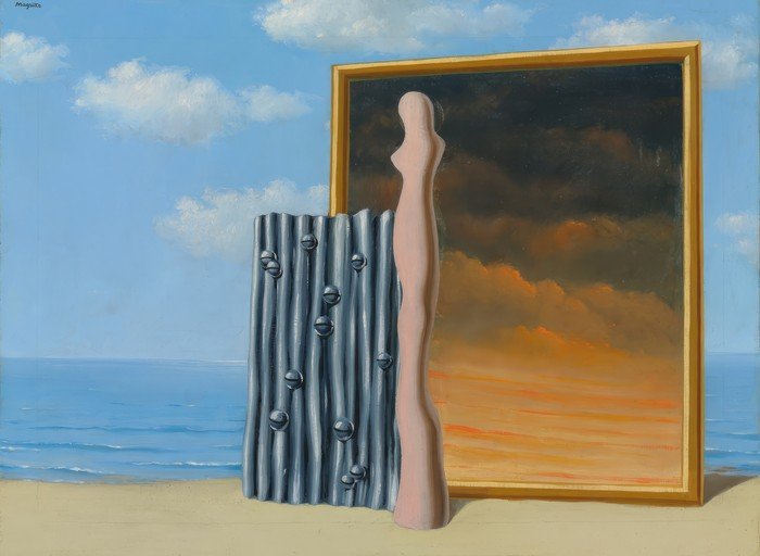 Surreal Beach Scene with Figure and Corrugated Metal