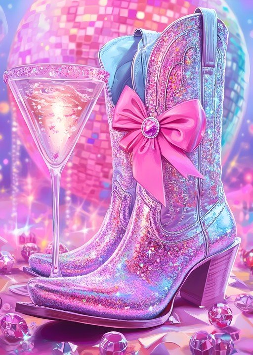 Sparkling Pink Cowboy Boots and Martini Glass