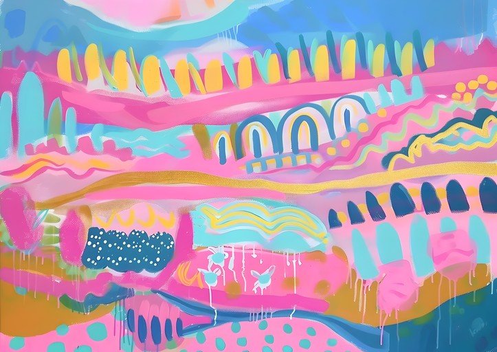 Vibrant Abstract Landscape Painting with Pink and Blue Hues