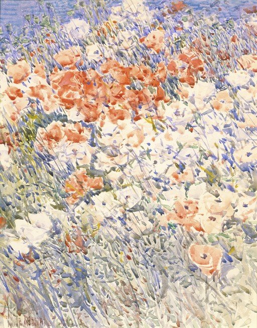 Watercolor Field of Poppies and Wildflowers
