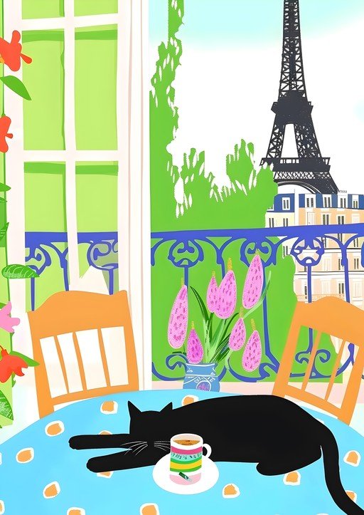 Parisian Cafe Scene with Black Cat and Eiffel Tower View