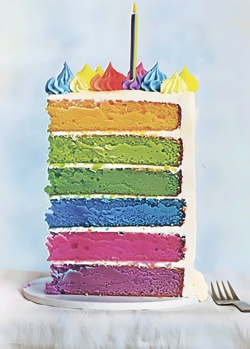 Rainbow Layer Cake with Birthday Candle and Fork