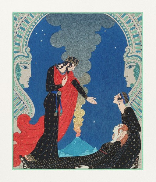 Art Deco Illustration of a King and Subjects Before a Volcano