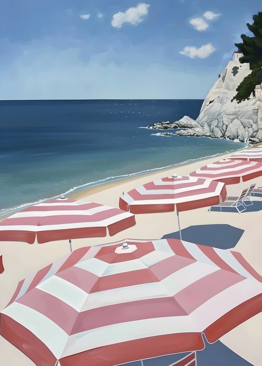 Striped Umbrellas on a Sunny Beach