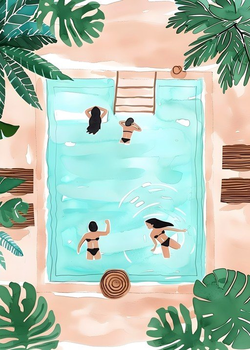 Women Enjoying a Refreshing Swim in a Tropical Pool