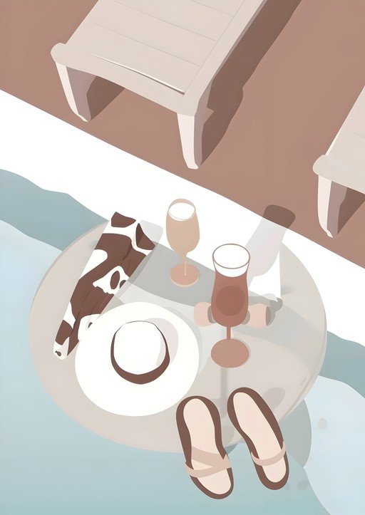 Relaxing Poolside Scene with Drinks and Hat