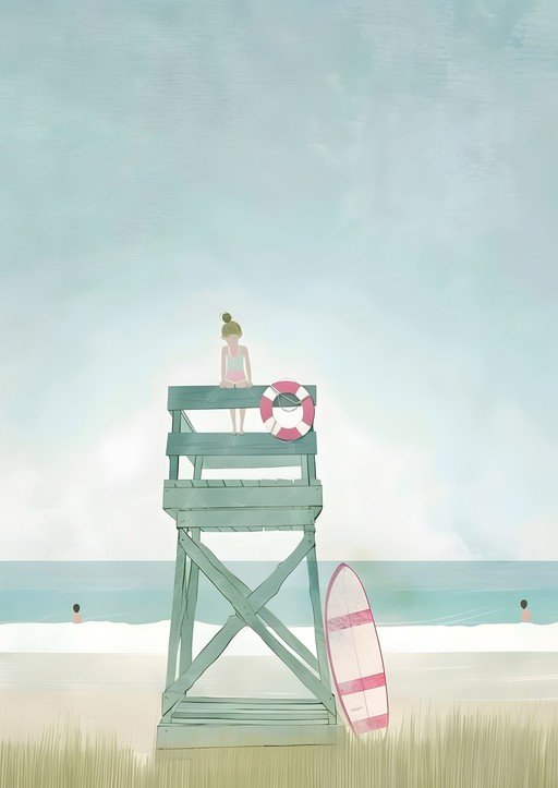 Lifeguard watches over a serene beach scene