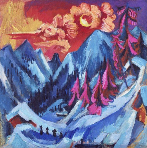 Expressionist Mountain Landscape with Pink Trees