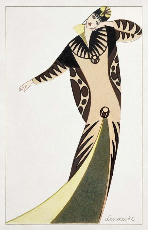 Art Deco Fashion Illustration of a Woman in a Dramatic Gown