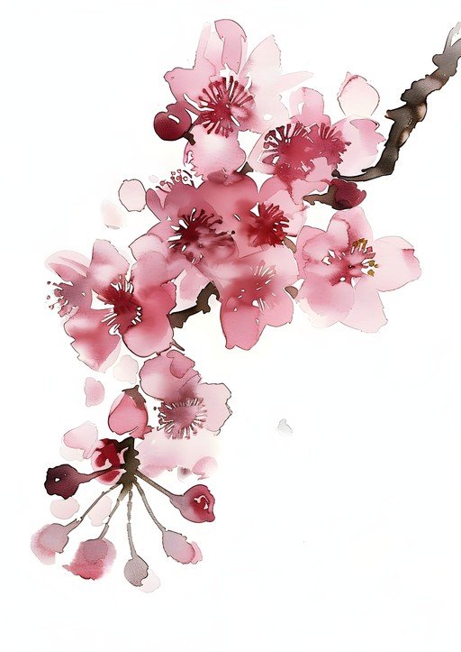 Watercolor Cherry Blossoms on a Branch