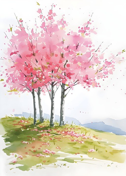 Watercolor Cherry Blossom Trees in Bloom
