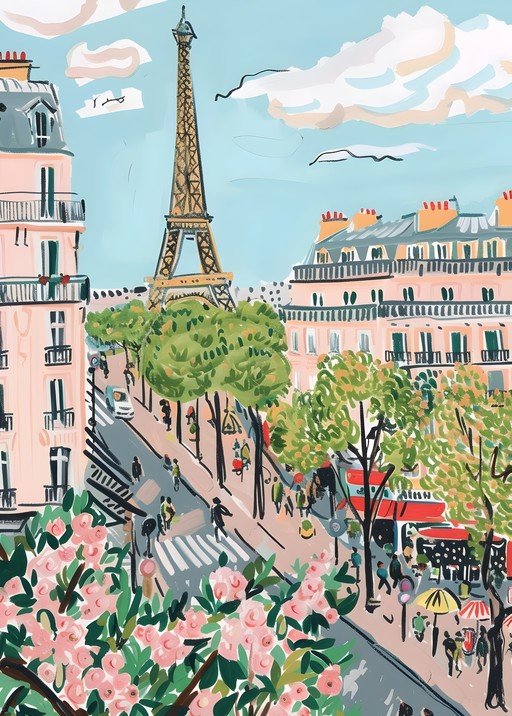 Eiffel Tower Paris Street Scene with Pink Blossoms