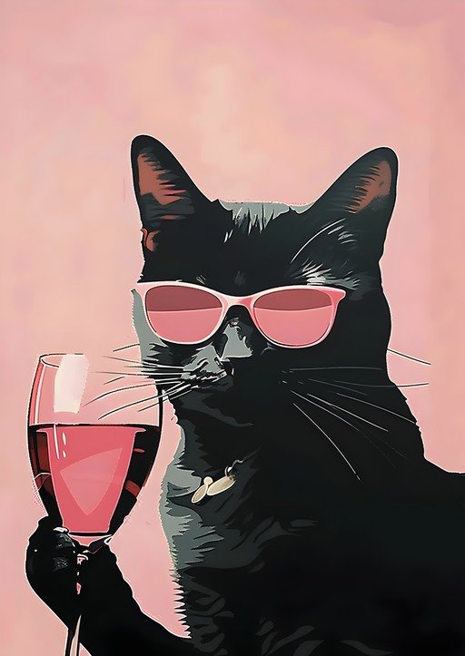 Stylish Black Cat with Pink Sunglasses and Wine