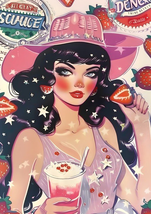 Retro Pin-Up Girl with Strawberries and Pink Hat