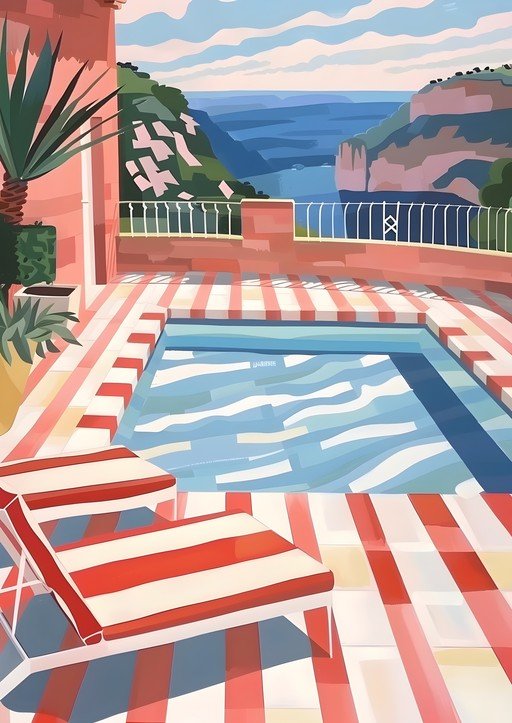Vibrant Coastal Villa Poolside Scene