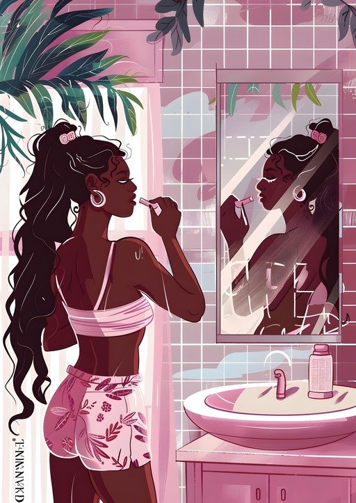 Woman Applying Lipstick in Pink Bathroom