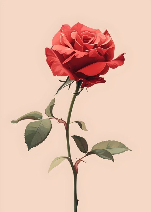 Single Red Rose with Green Leaves