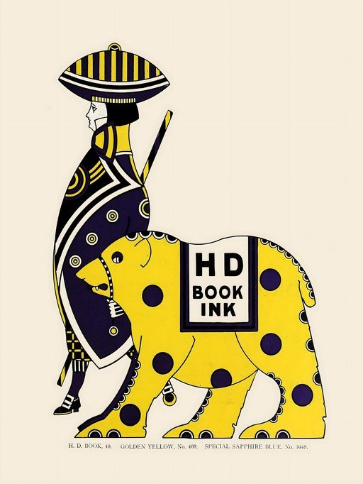 Art Deco Illustration of Person and Bear with "HD Book Ink"