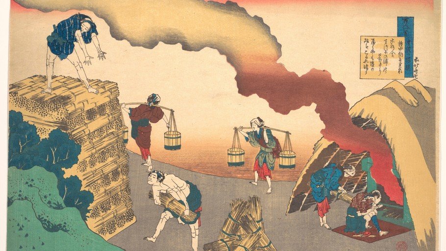 Japanese Woodblock Print of Laborers in a Rural Landscape