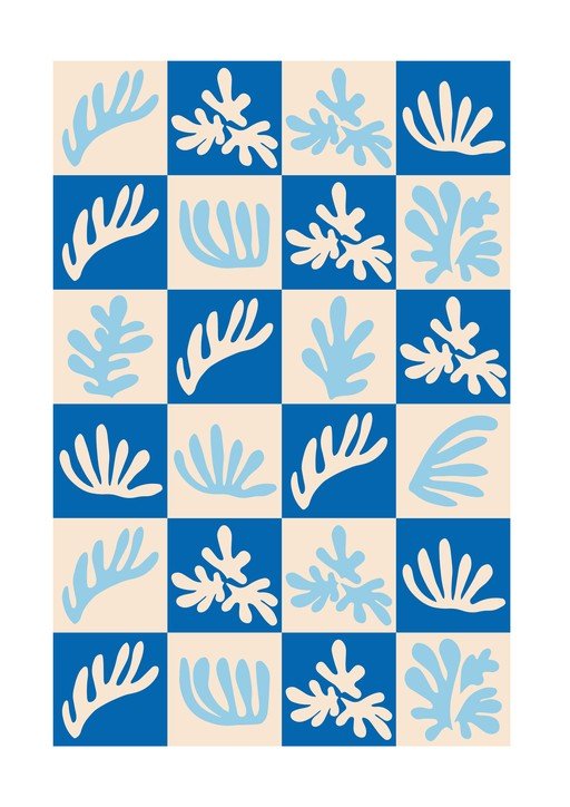 Abstract Blue and Beige Botanical Cut-Outs in Checkerboard Pattern