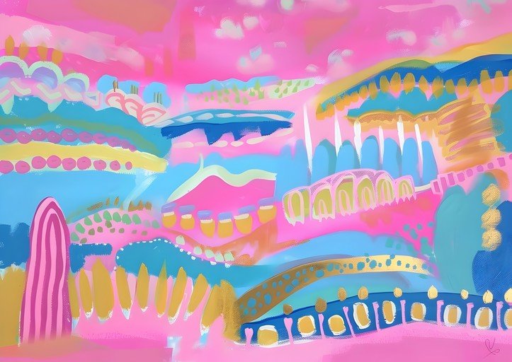 Vibrant Abstract Landscape Painting in Pink and Blue