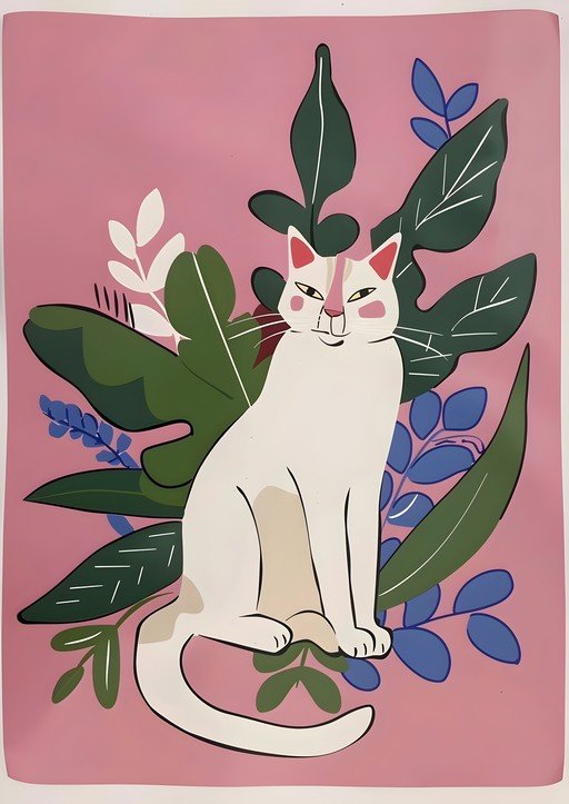 Whimsical White Cat Amidst Lush Greenery