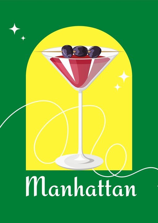 Manhattan Cocktail Illustration with Olives