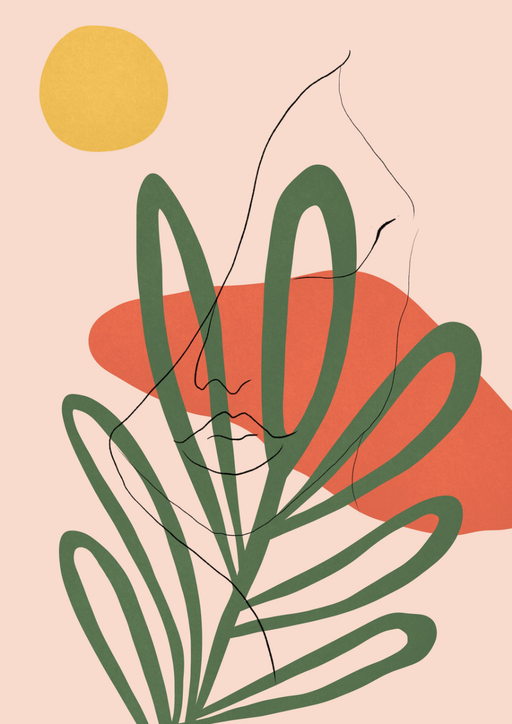 Abstract Face and Plant Line Art with Sun