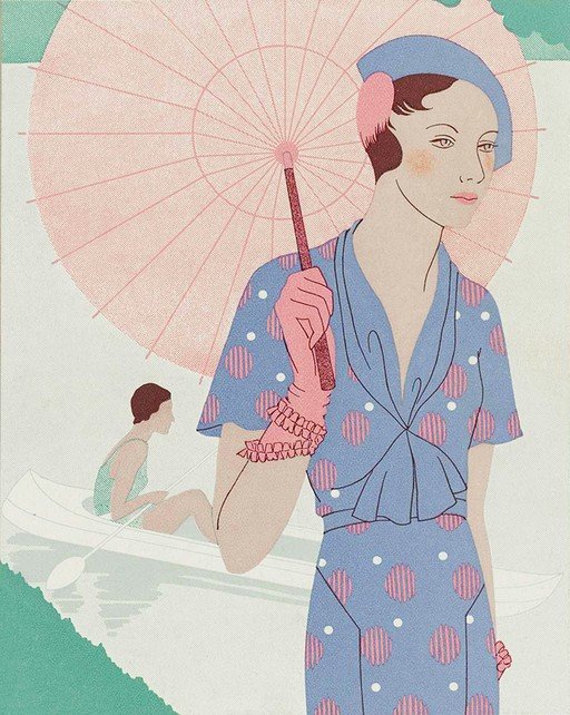 Art Deco Woman with Parasol and Canoeist