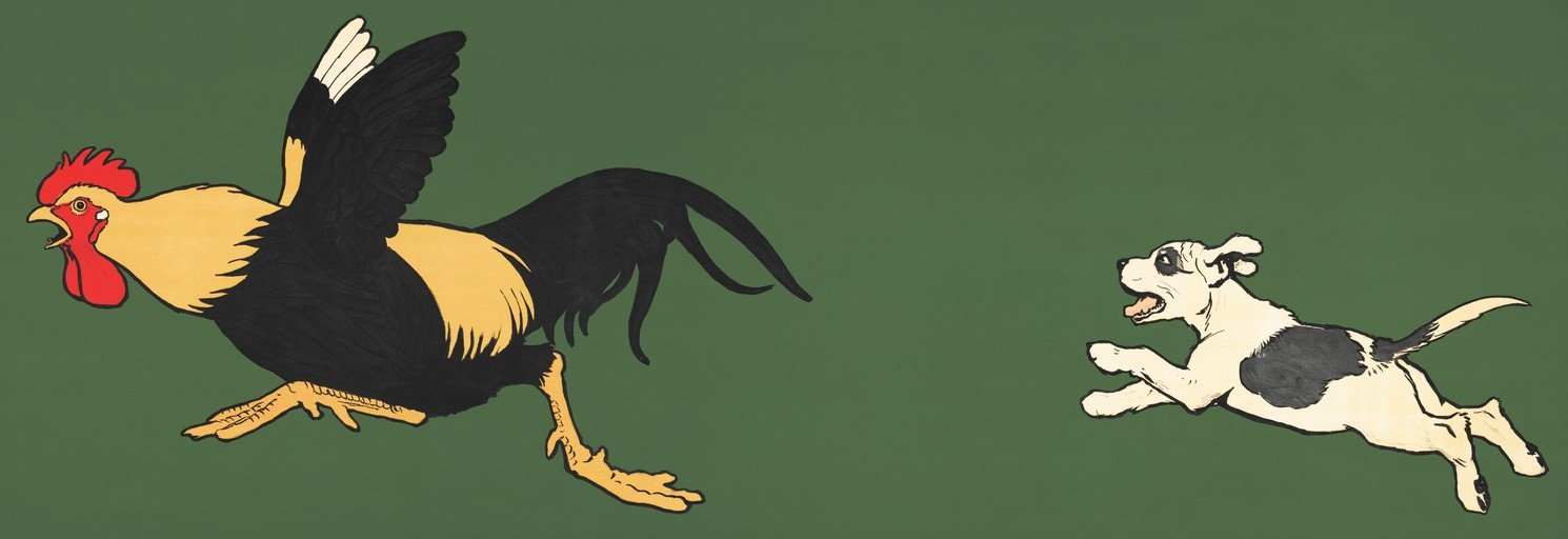 Rooster and Dog in Motion