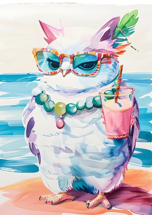 Whimsical Owl with Sunglasses and Cocktail on Beach