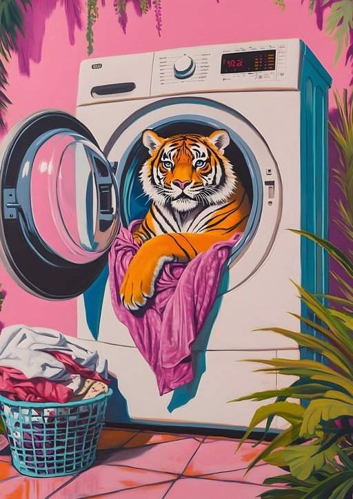 Tiger in Washing Machine with Pink Laundry