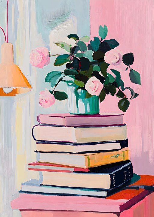 Still Life Painting of Pink Roses and Books