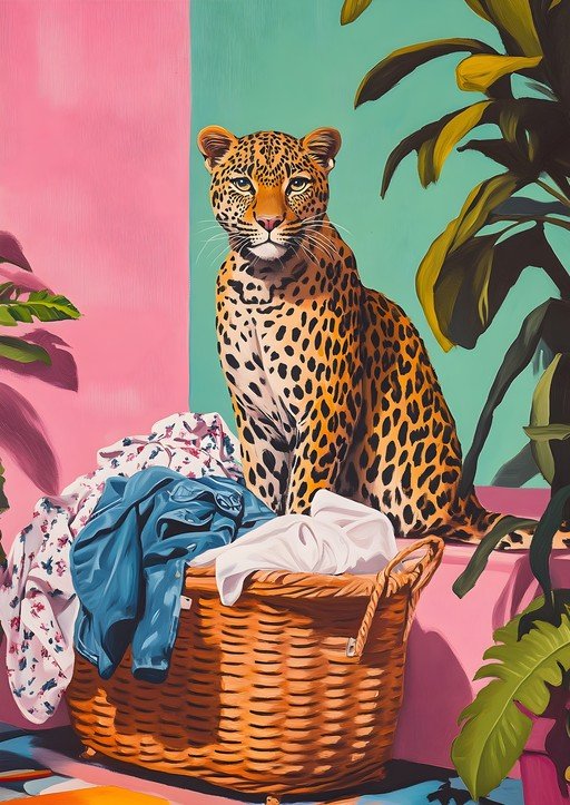 Leopard Sits in Laundry Basket Amidst Tropical Plants